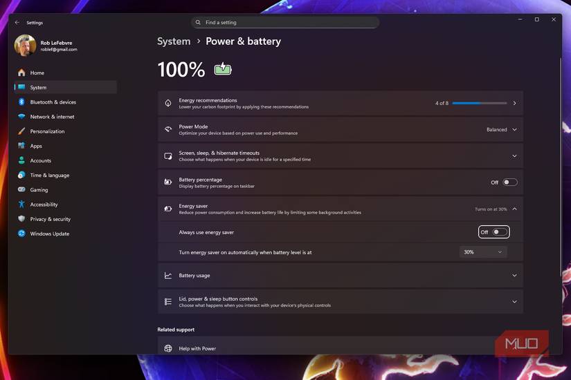 Pantalla de energía y batería