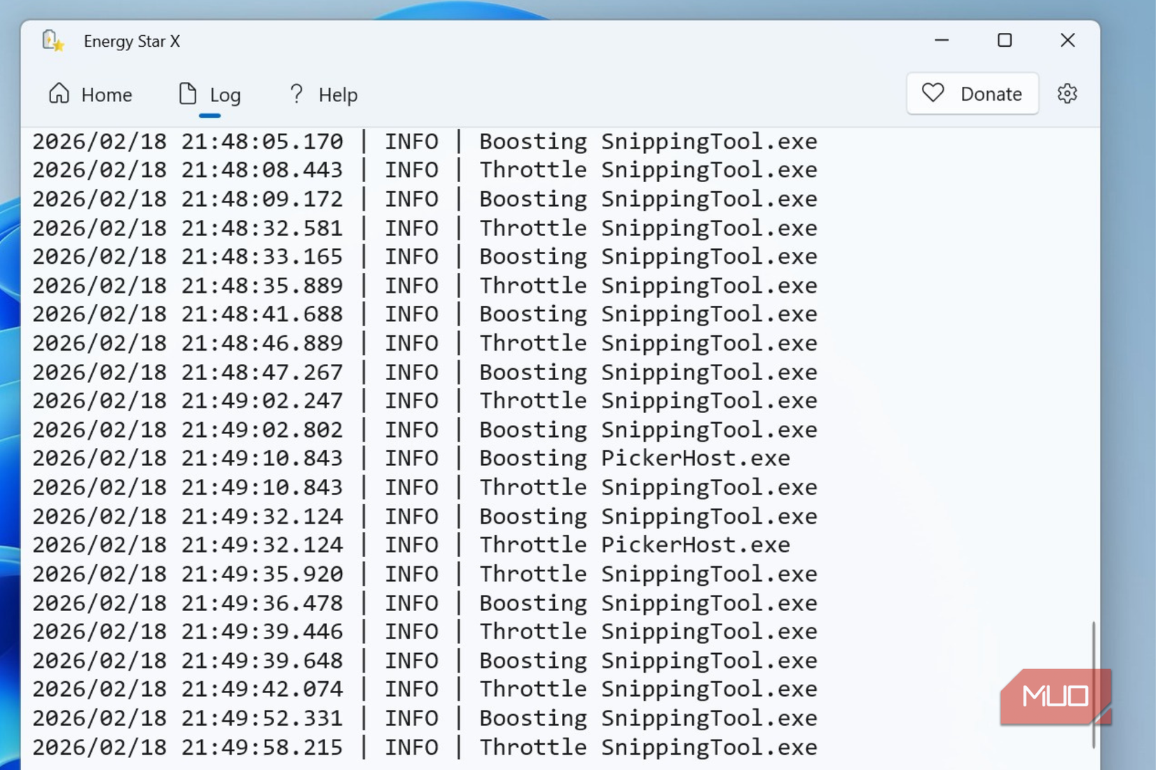 Energy Star X Log tab opened on Windows