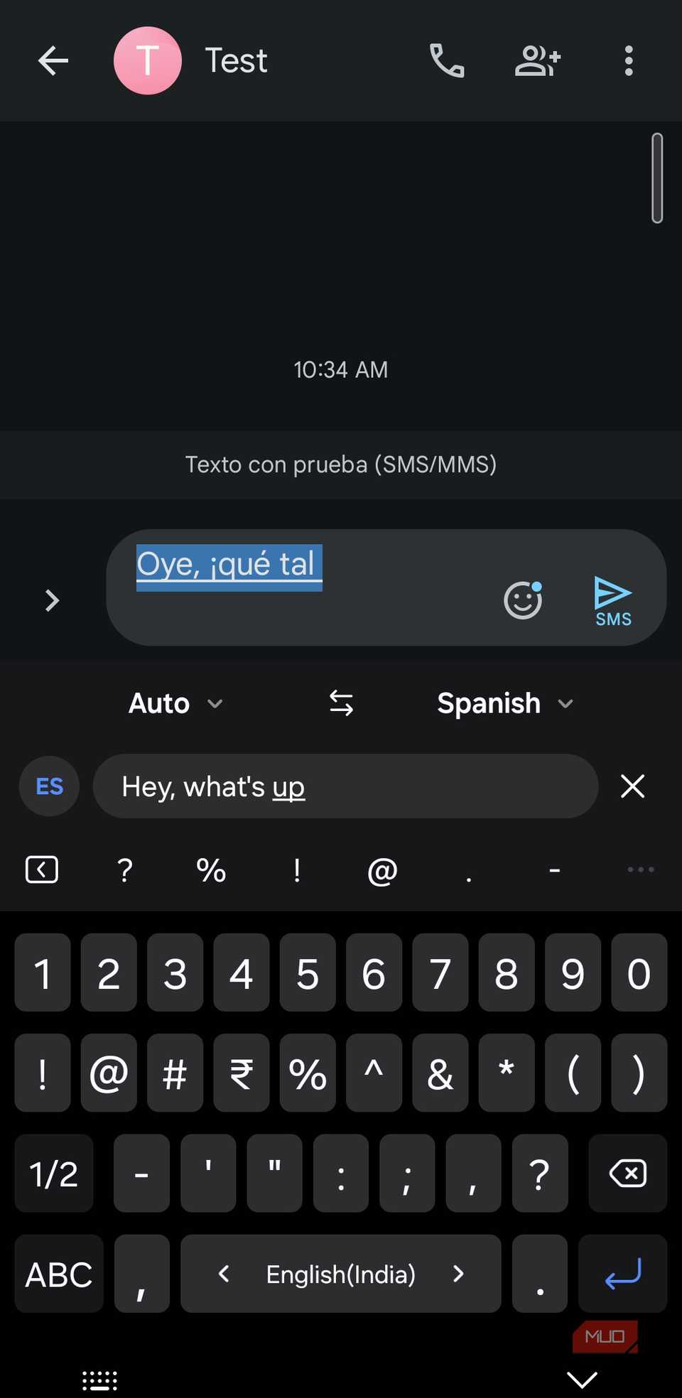Traducción de inglés a español en el teclado Samsung del teléfono Galaxy