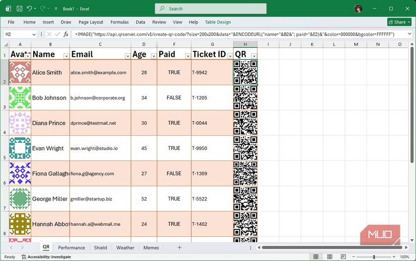 Excel sheet with QR codes and Gravatar images