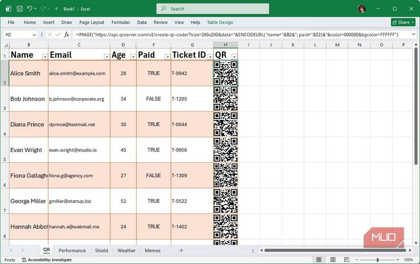 Excel sheet with QR codes