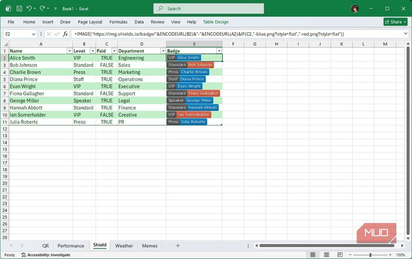 Excel sheet with shields io badges