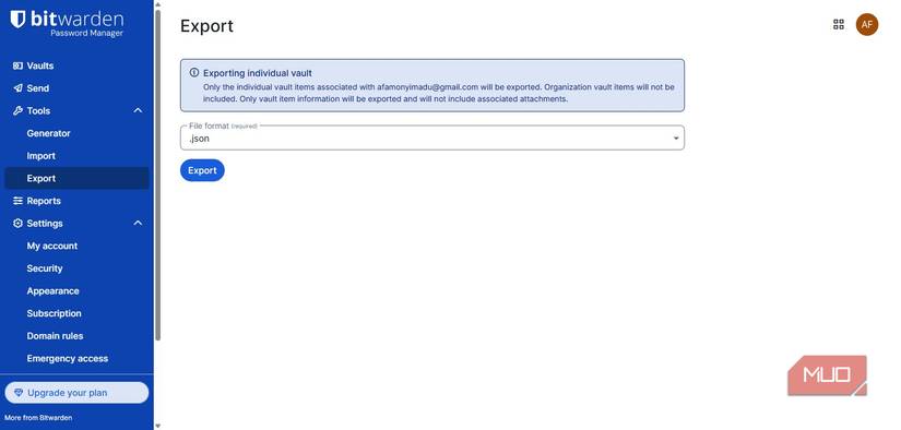 Exporting Bitwarden vault
