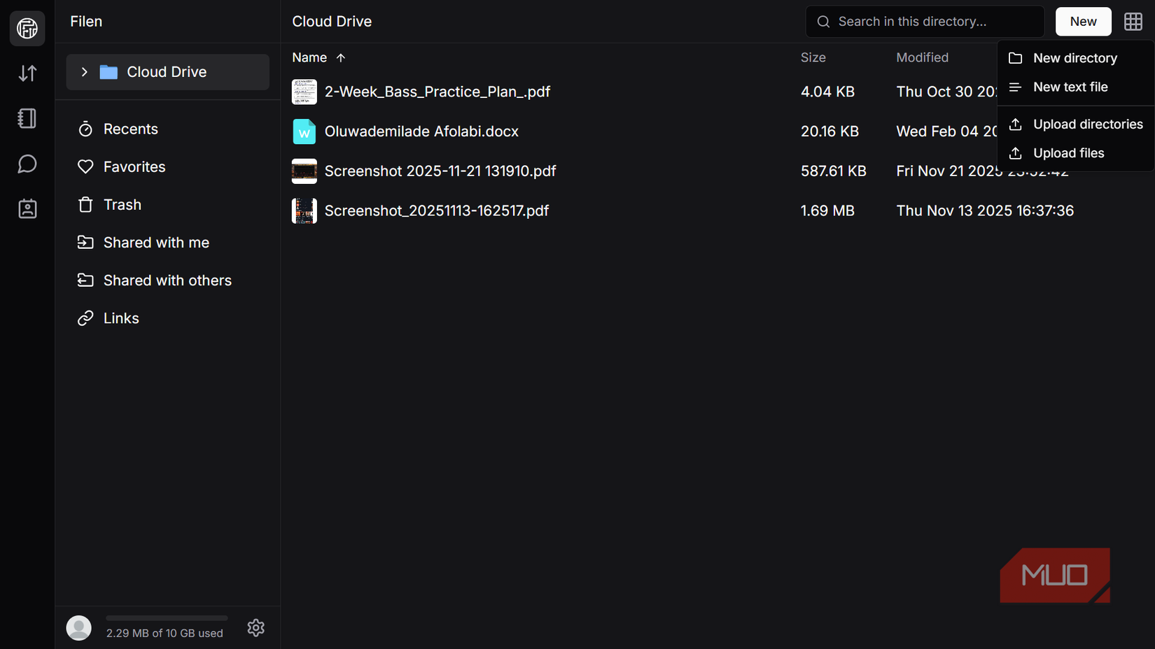 Filen cloud storage interface showing a file list and the New upload menu.