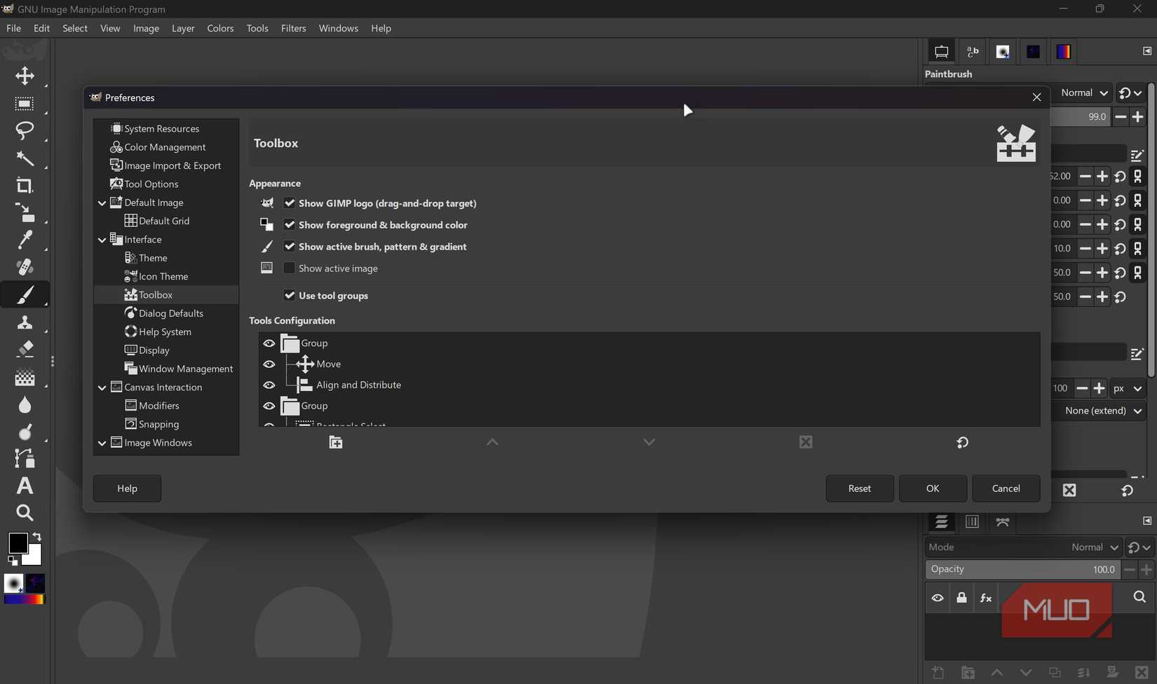 GIMP preferences menu.