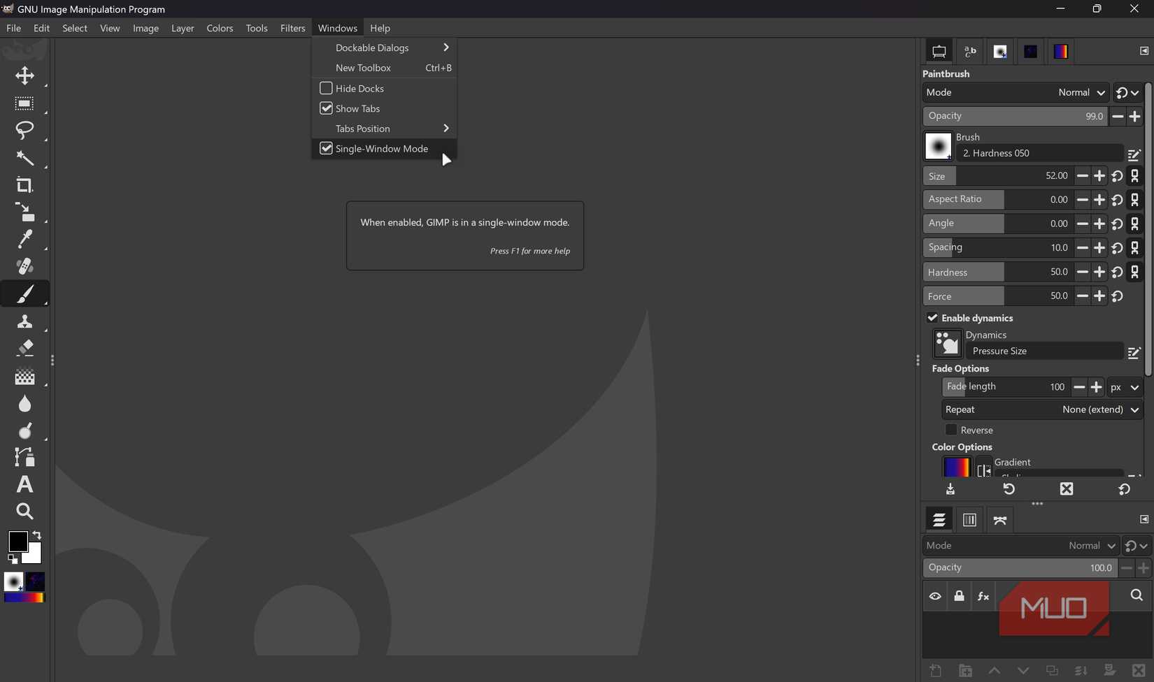GIMP Single Window mode setting.