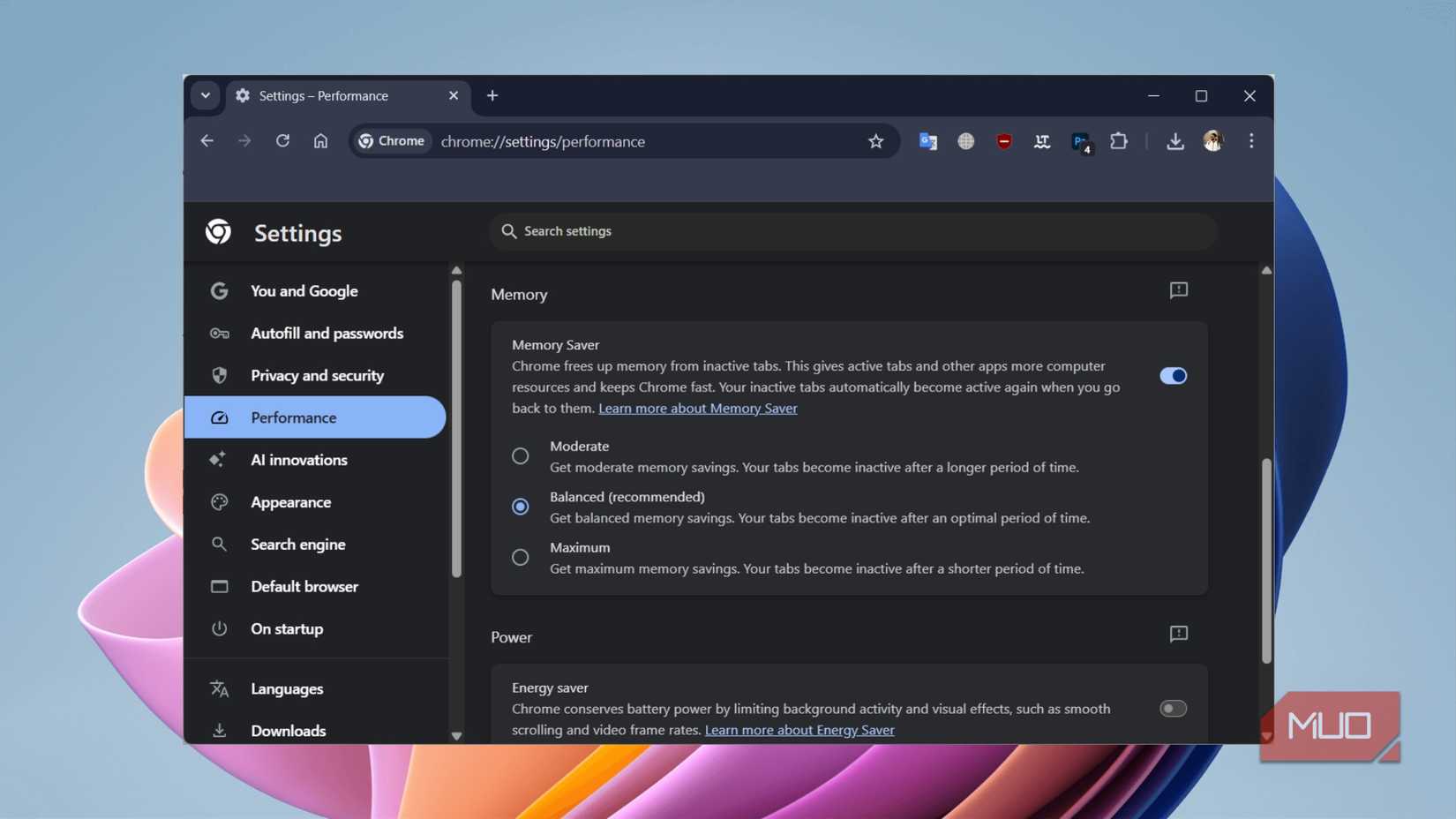 Google Chrome Memory Saver feature set to Balanced mode