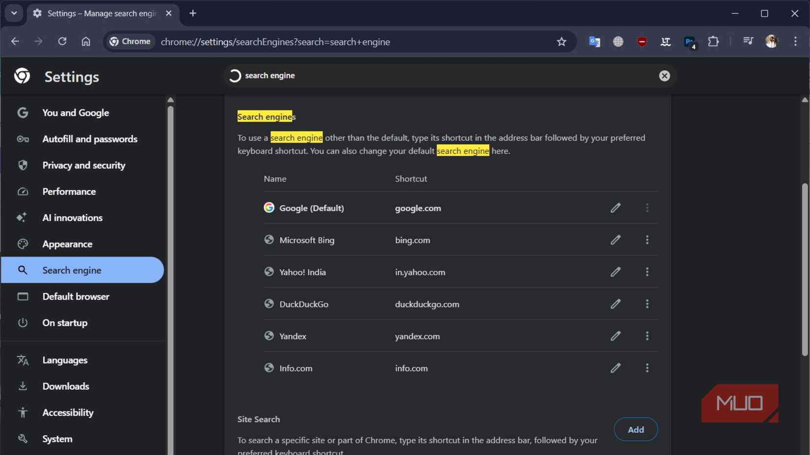 Настройки Google Chrome с показом результатов поиска для поисковых систем 