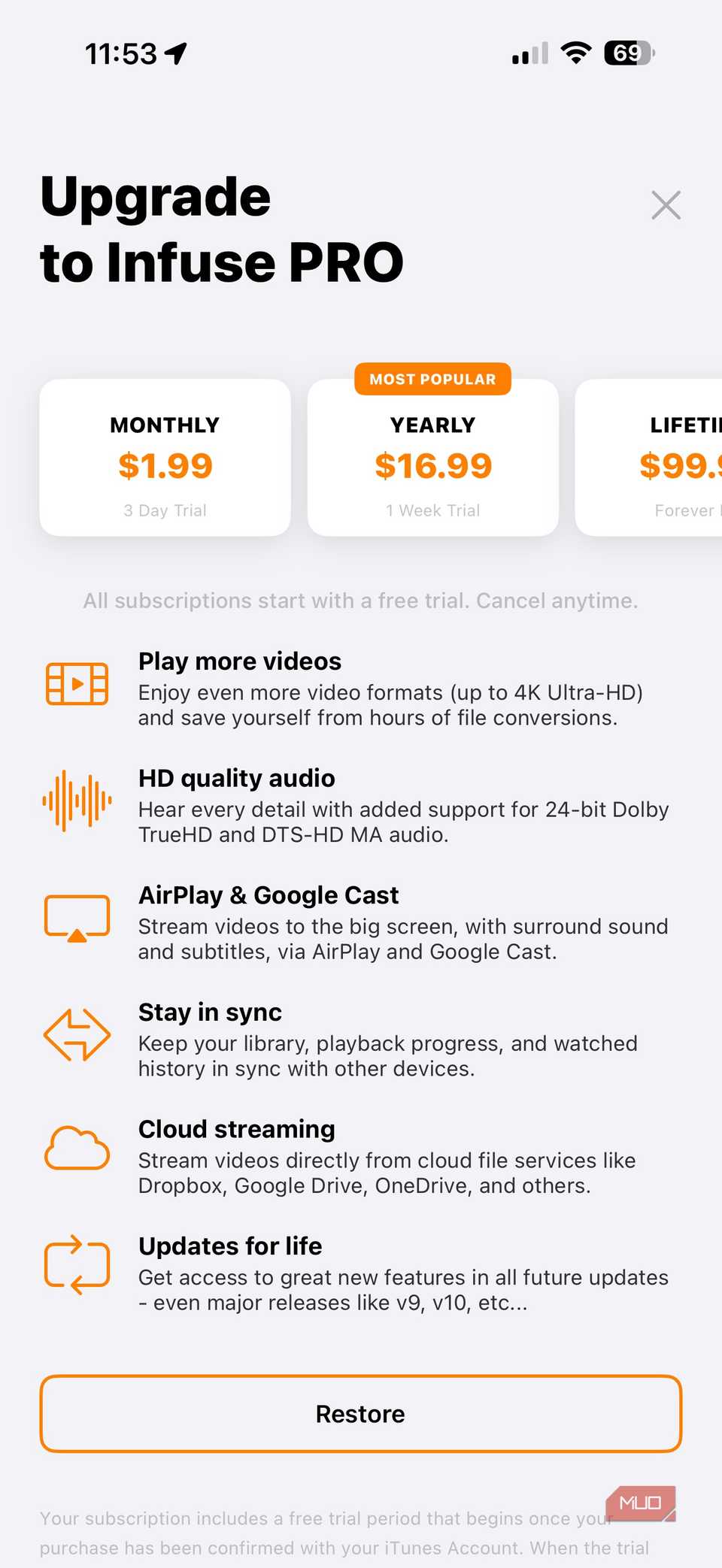 Screenshot of Infuse Premium solution on iPhone.