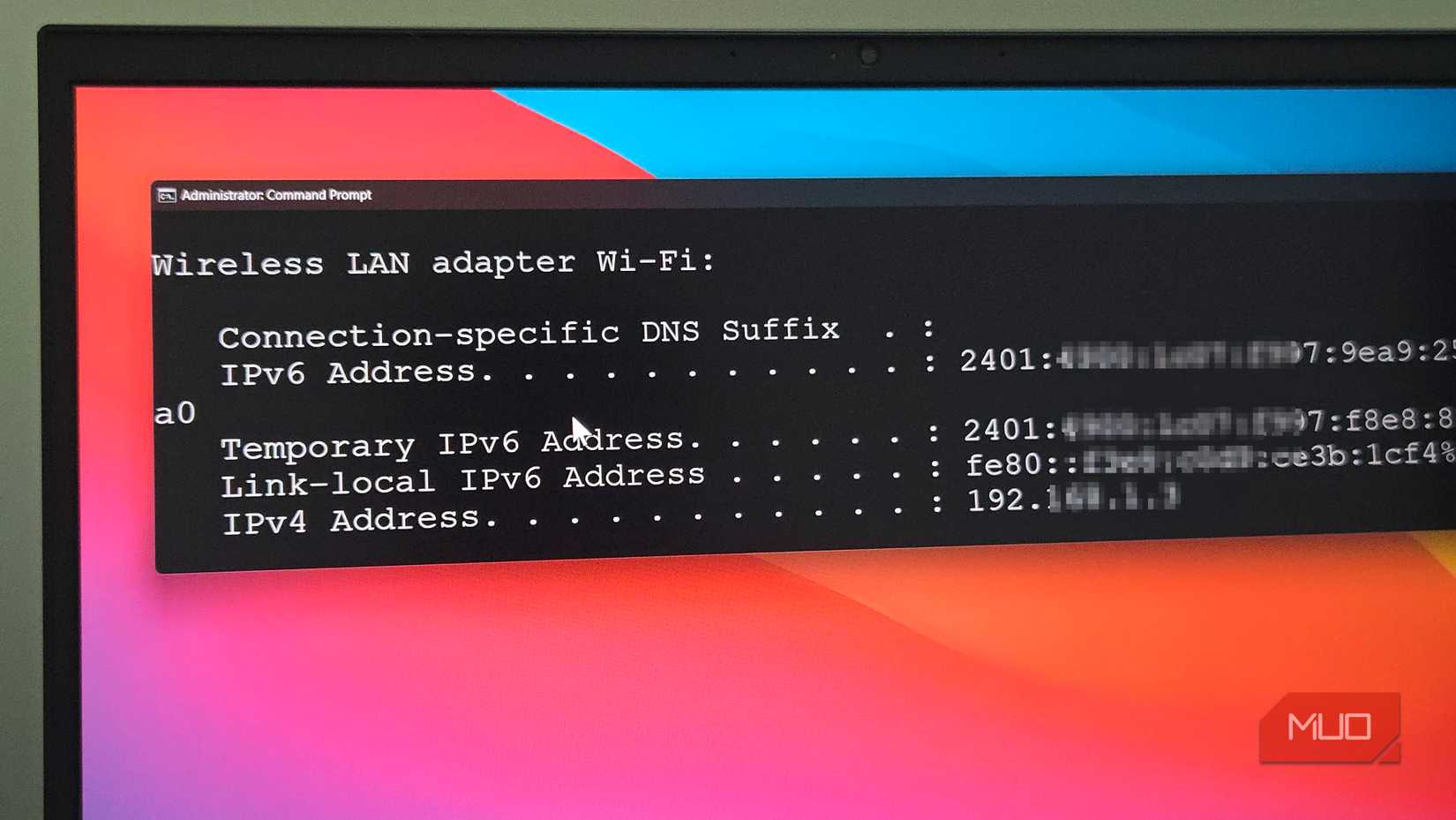ipconfig command running on command prompt on Windows 11