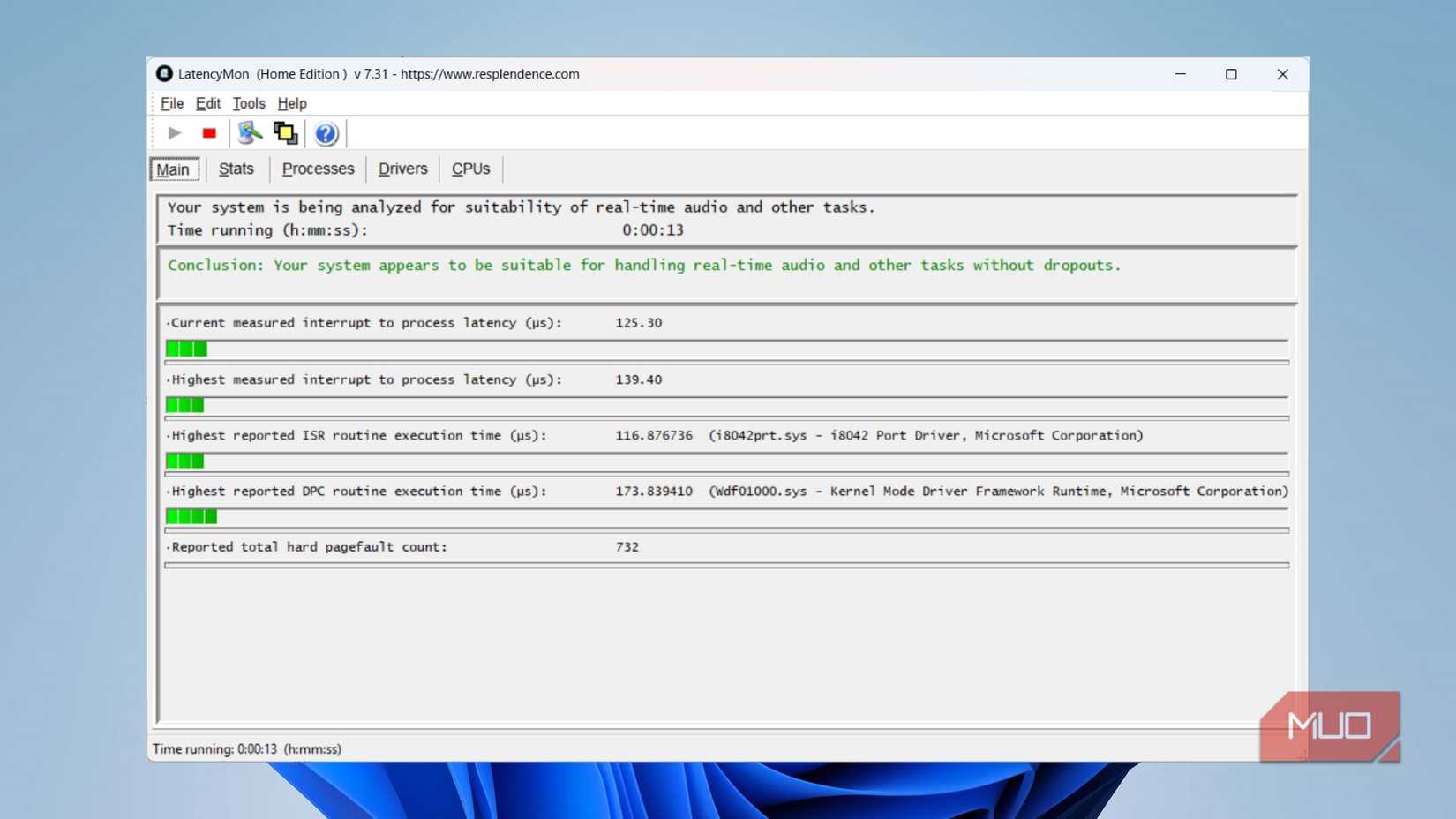 LatencyMon প্রধান ট্যাব উইন্ডোজ 11-এ রিয়েল-টাইম অডিও এবং প্রসেসিং লেটেন্সি ফলাফলের জন্য সিস্টেমের উপযুক্ততা দেখায়