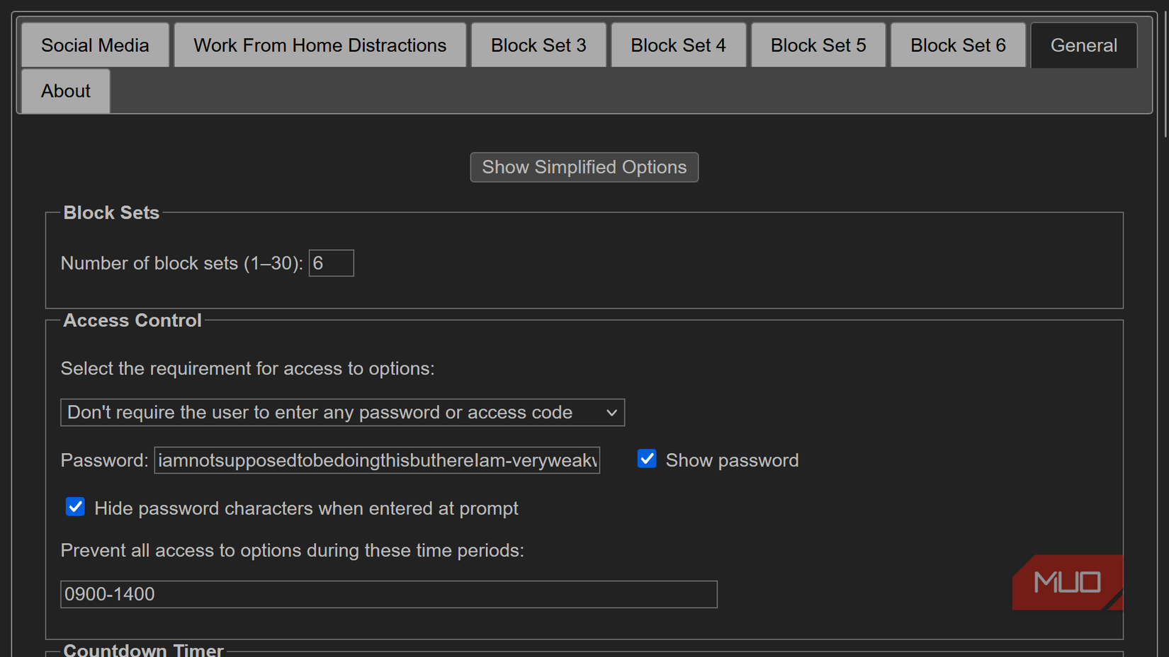 LeechBlock NG General options menu showing access control settings and a long, custom password for the extension.
