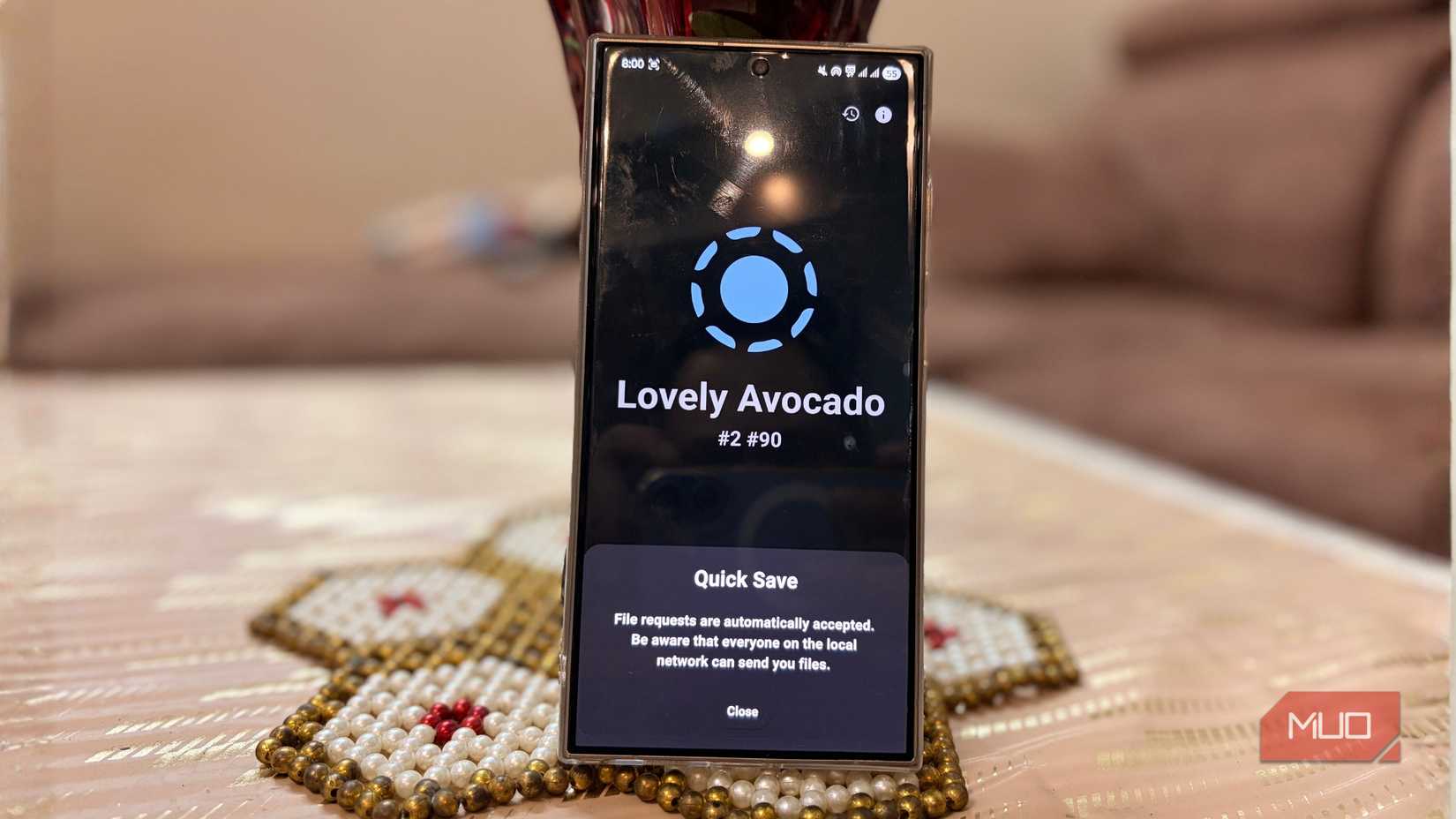 Quick Save enabled screen in LocalSend warning that anyone on the local network can send files automatically