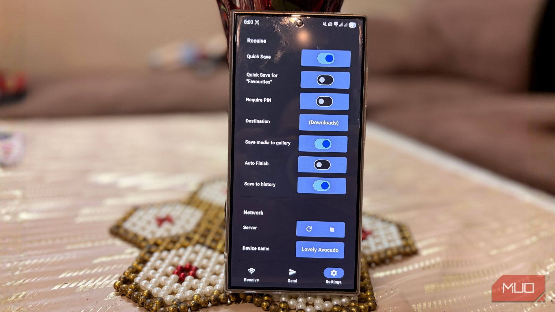 LocalSend receive settings screen showing Quick Save, require PIN, destination folder, and save to history options
