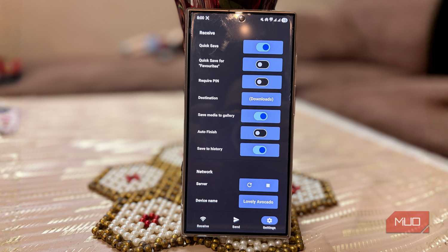 LocalSend receive settings screen showing Quick Save, require PIN, destination folder, and save to history options