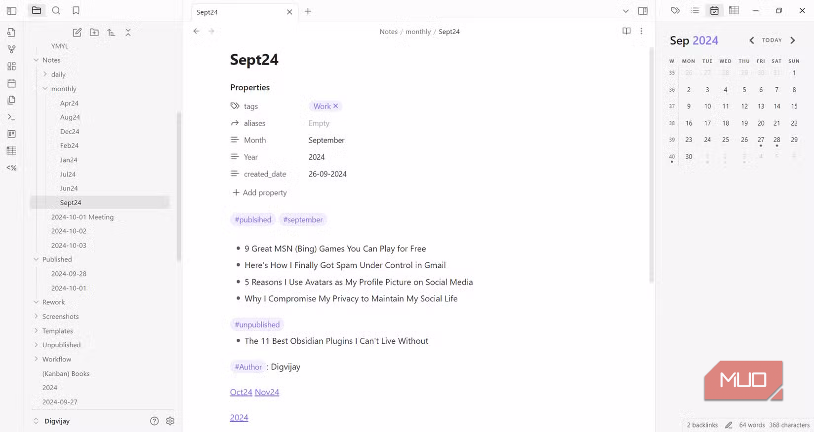 Managing data in Obsidian with the calendar plugin