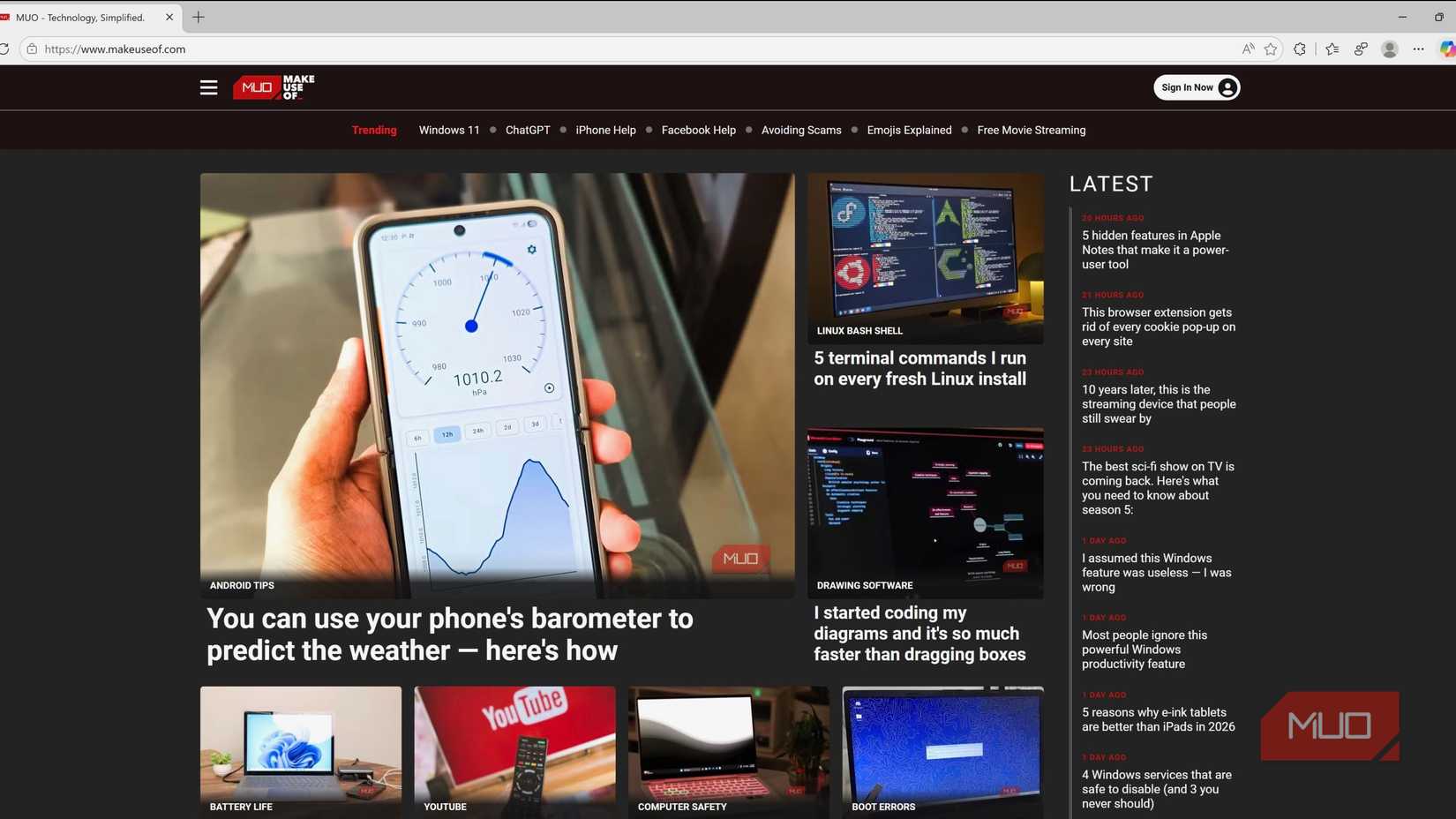 MUO হোমপেজ।