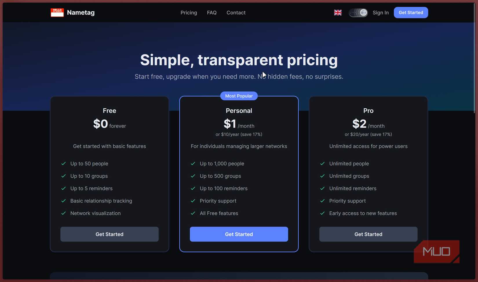Nametag pricing chart.