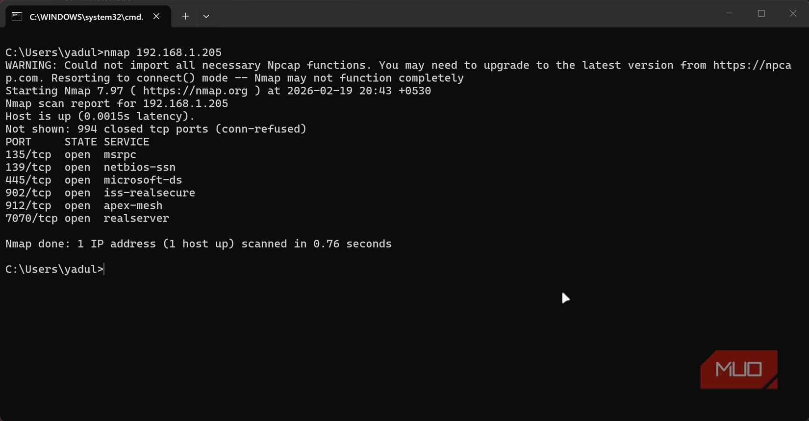 উইন্ডোজে খোলা পোর্ট সহ Nmap স্ক্যান। 