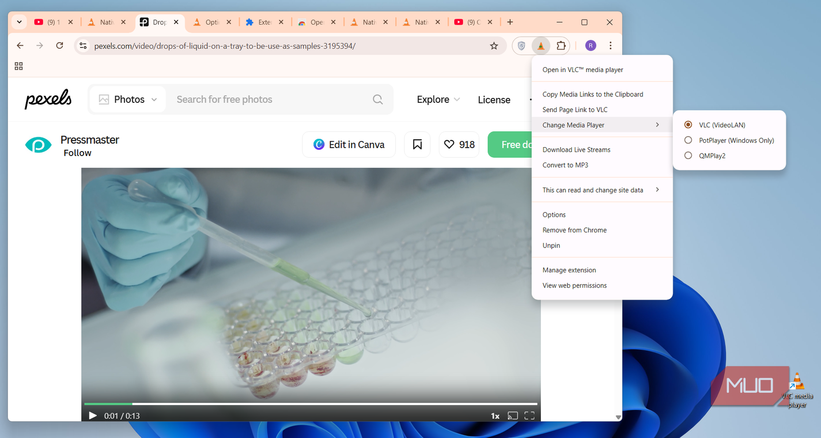 Open in VLC extension menu