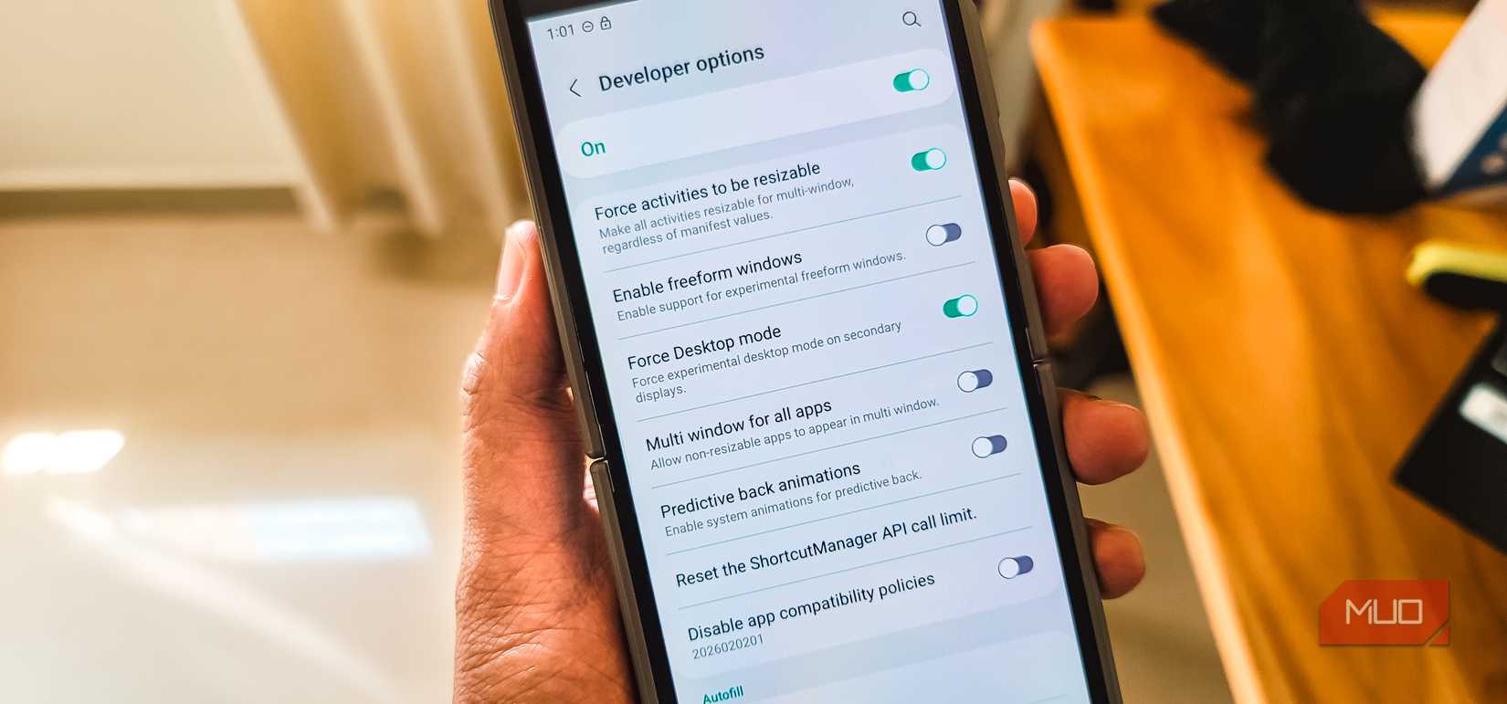 Person holding a Galaxy Z Flip 6 with the Developer Options screen open