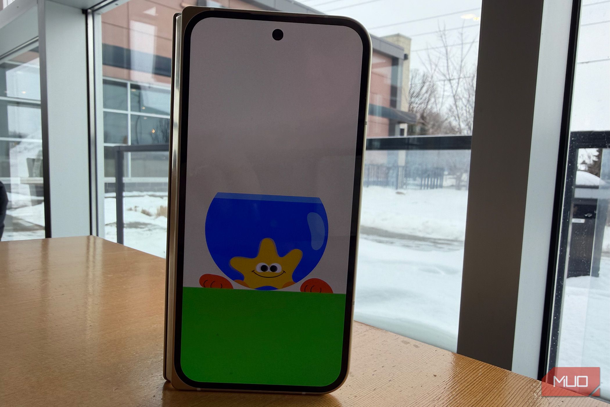 A Google Pixel 10 Pro Fold on a table showing a Made You Look animation.
