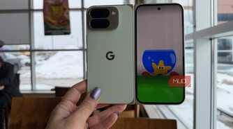 A hand holding a Google Pixel 10 Pro Fold phone with the Made You Look animation on the front.