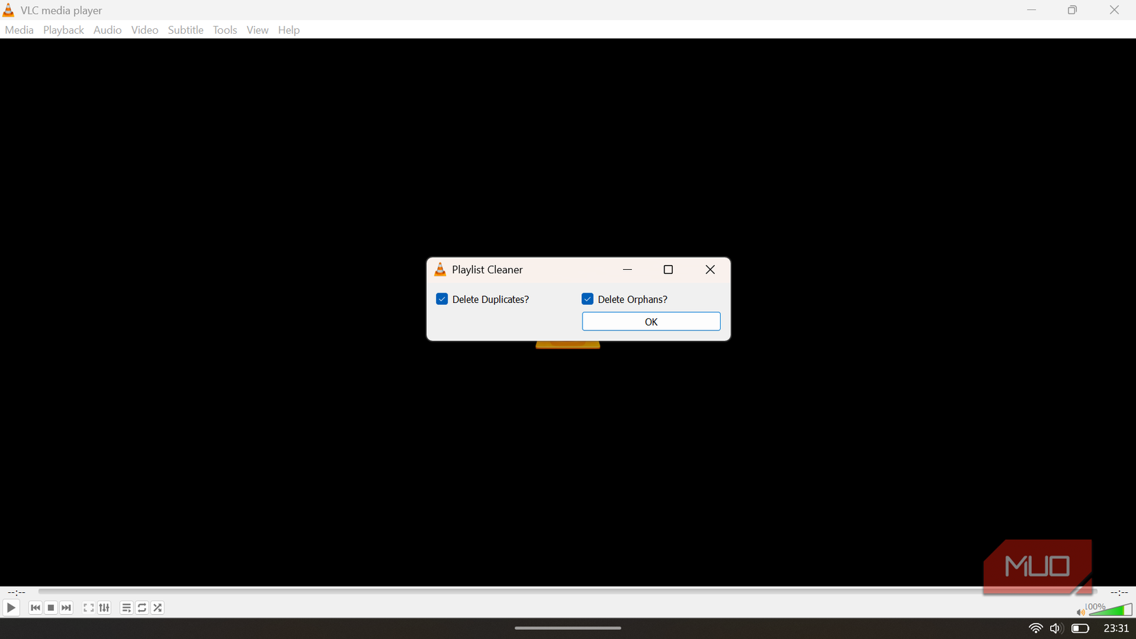 Playlist Cleaner dialog box providing options to remove duplicates and delete orphaned files from the playlist.