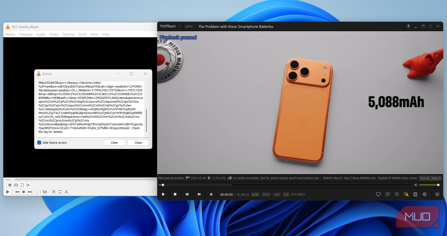 PotPlayer and VLC playing a YT video on Windows