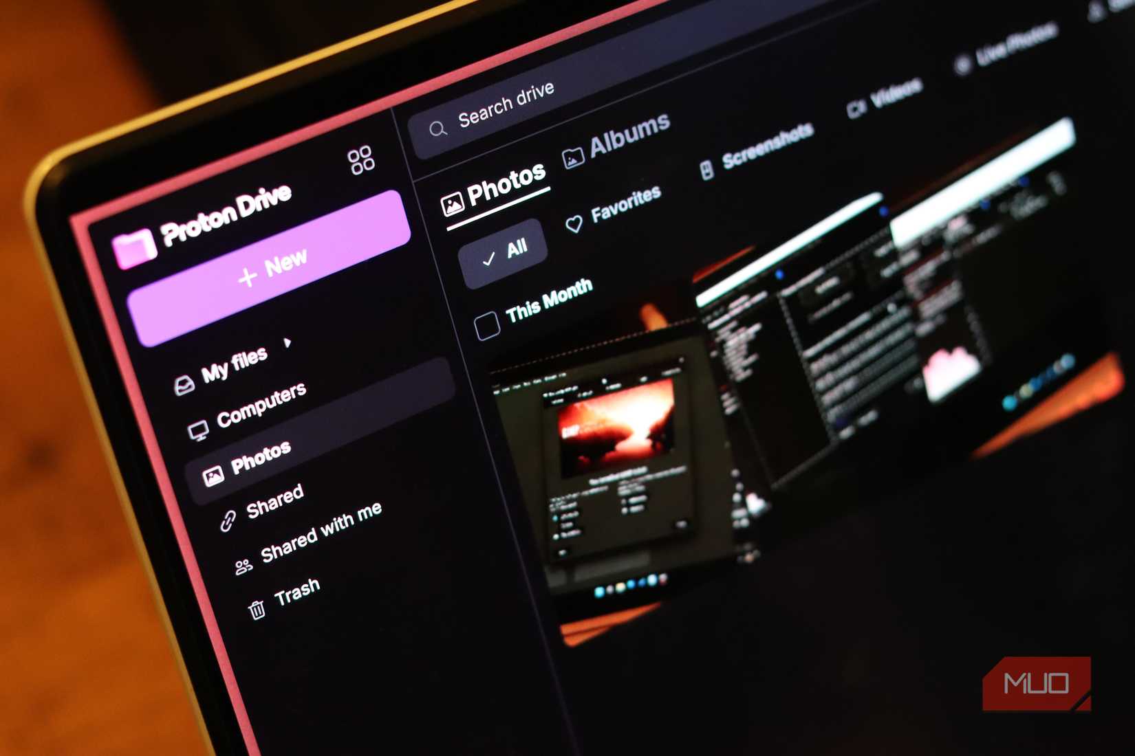 Proton Drive photos section with side menu.