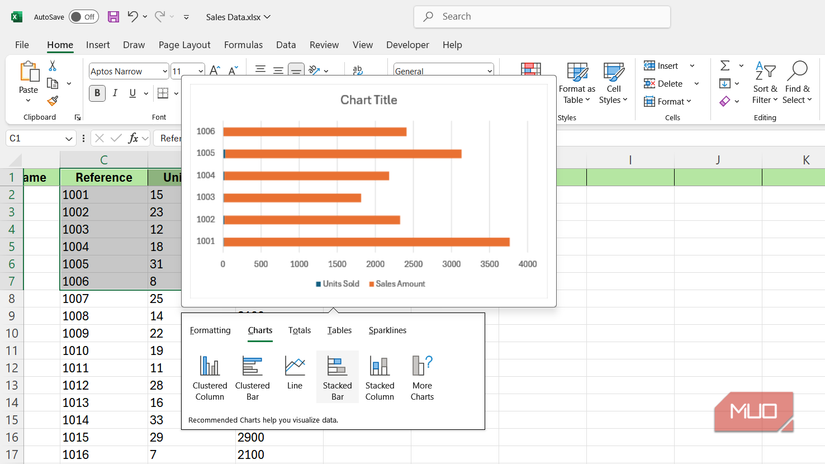 এক্সেলের দ্রুত অ্যাক্সেস মেনু স্ট্যাক করা বার চার্ট দেখাচ্ছে।