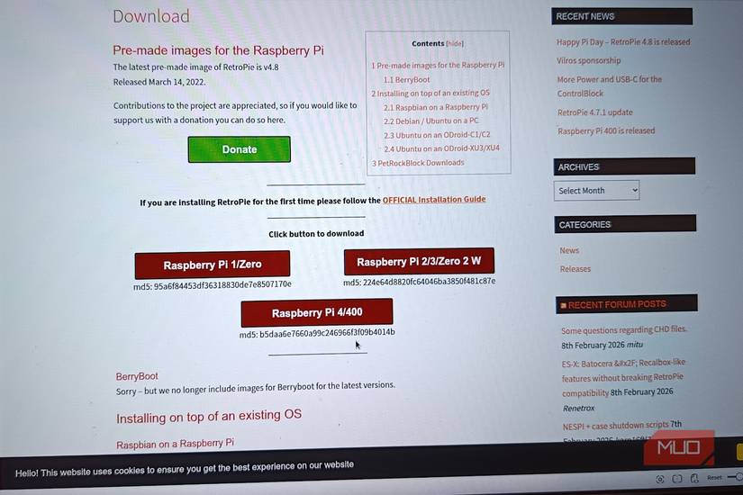 RetroPie ডাউনলোড পৃষ্ঠা।