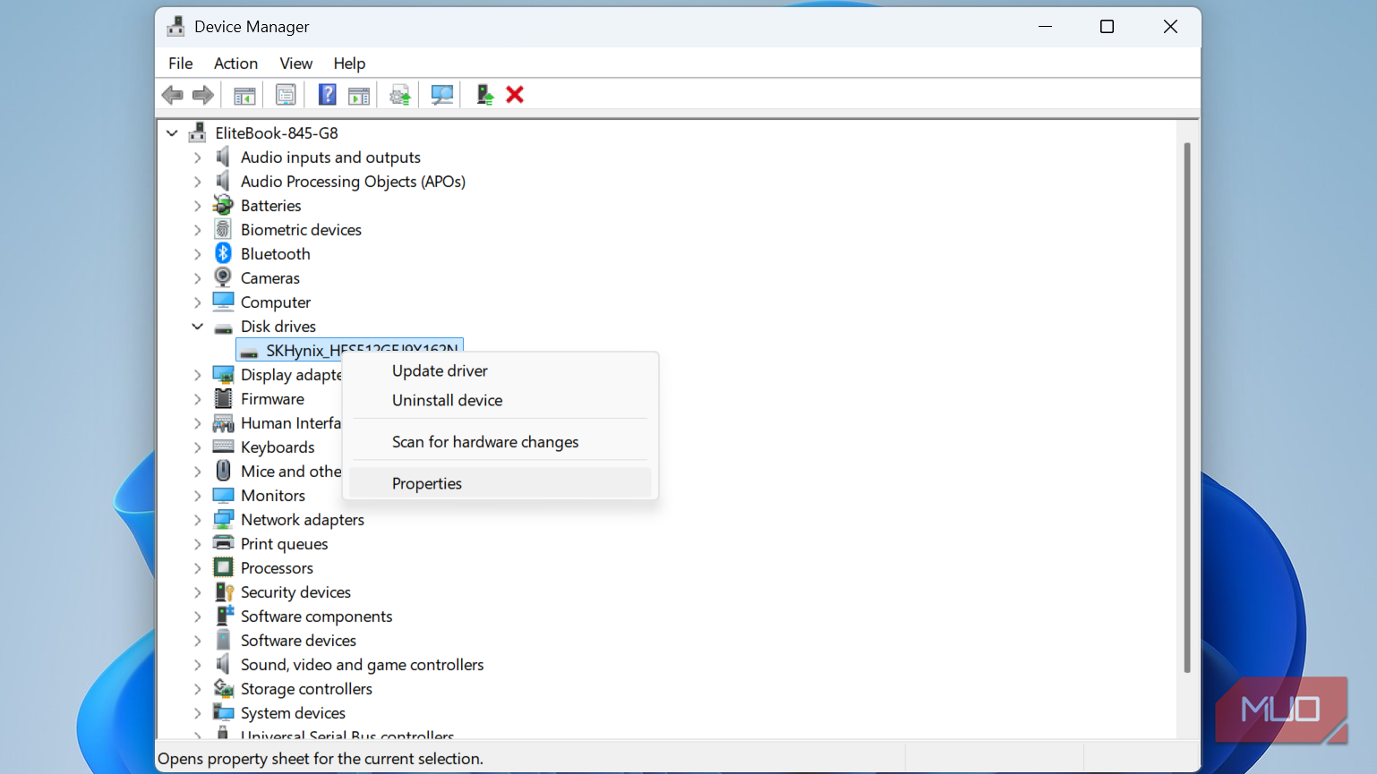 Right-click menu in Windows Device Manager.