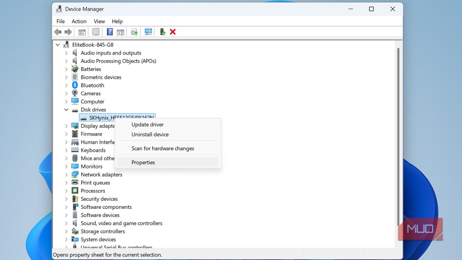 Right-click menu in Windows Device Manager.