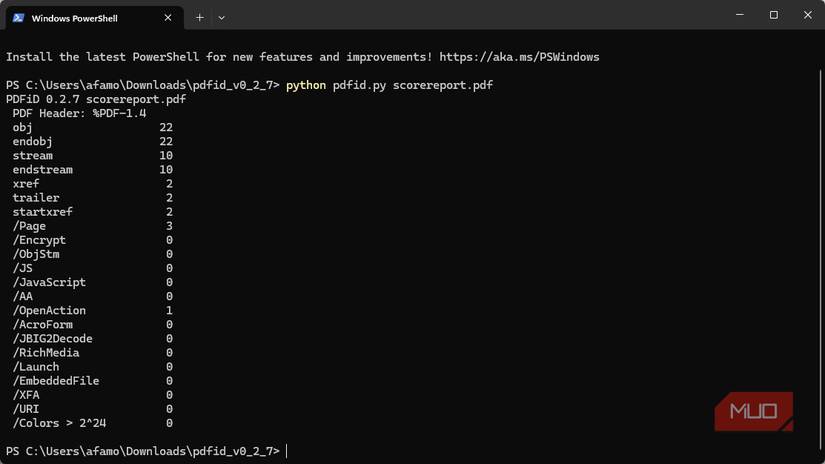 اجرای فرمان pdfid
