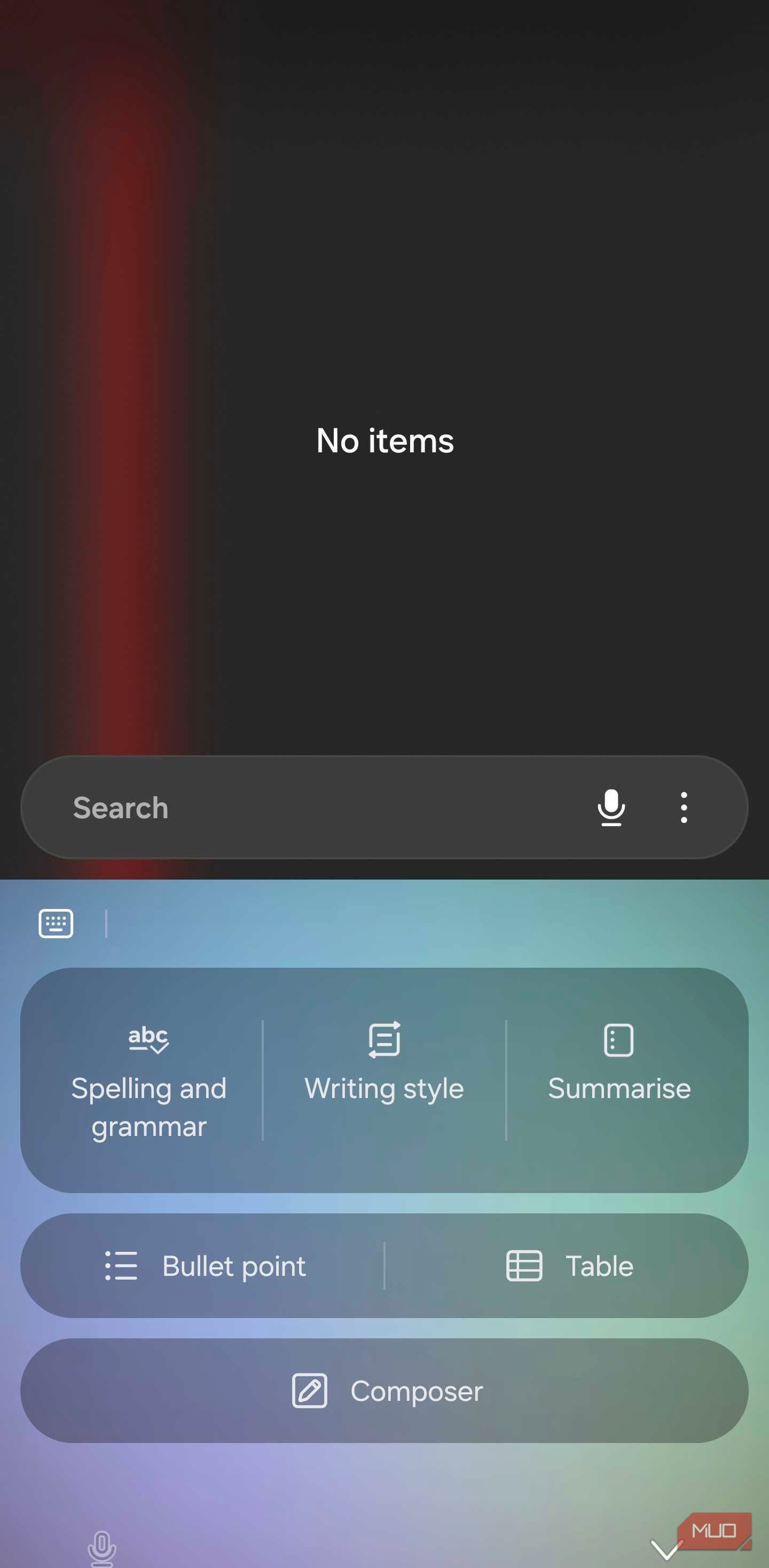 Samsung Keyboard AI writing and grammar tools panel