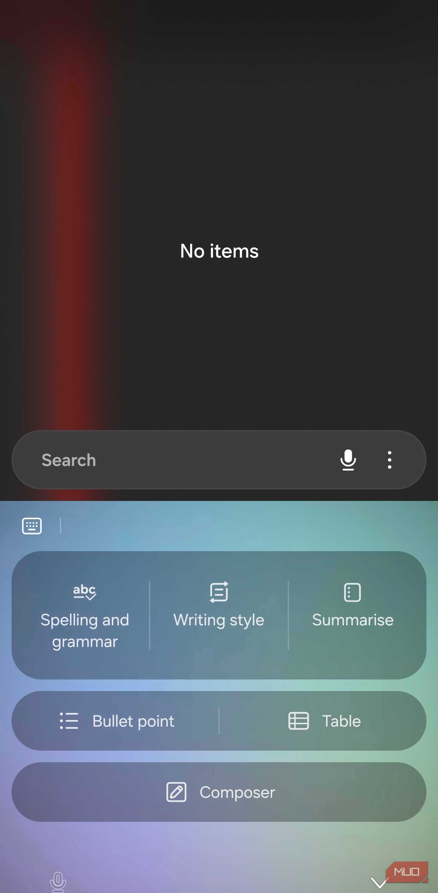 Samsung Keyboard AI writing and grammar tools panel