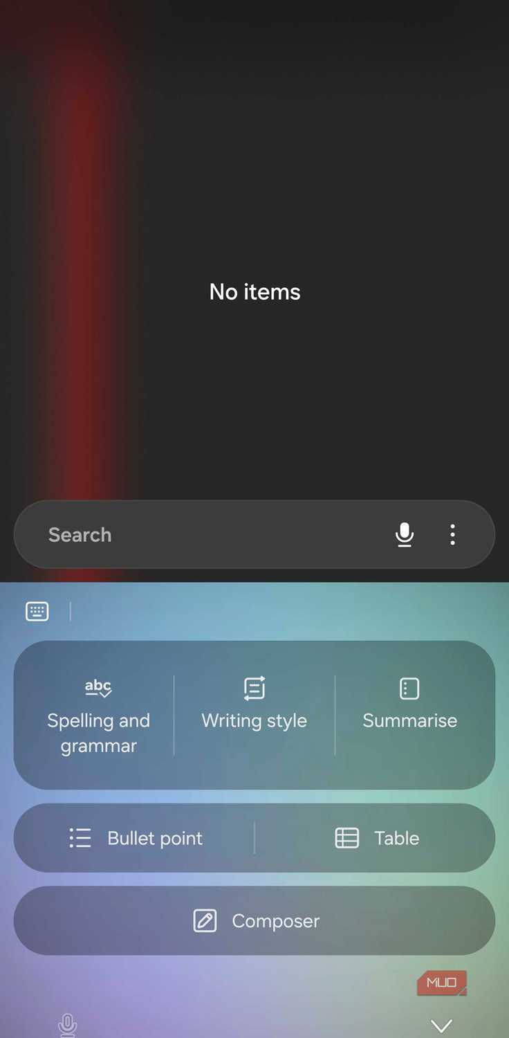 Samsung Keyboard AI writing and grammar tools panel