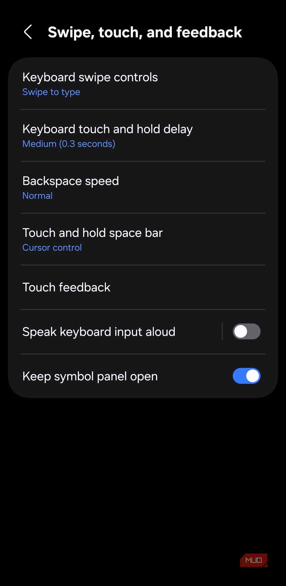 Menú de gestos del teclado Samsung