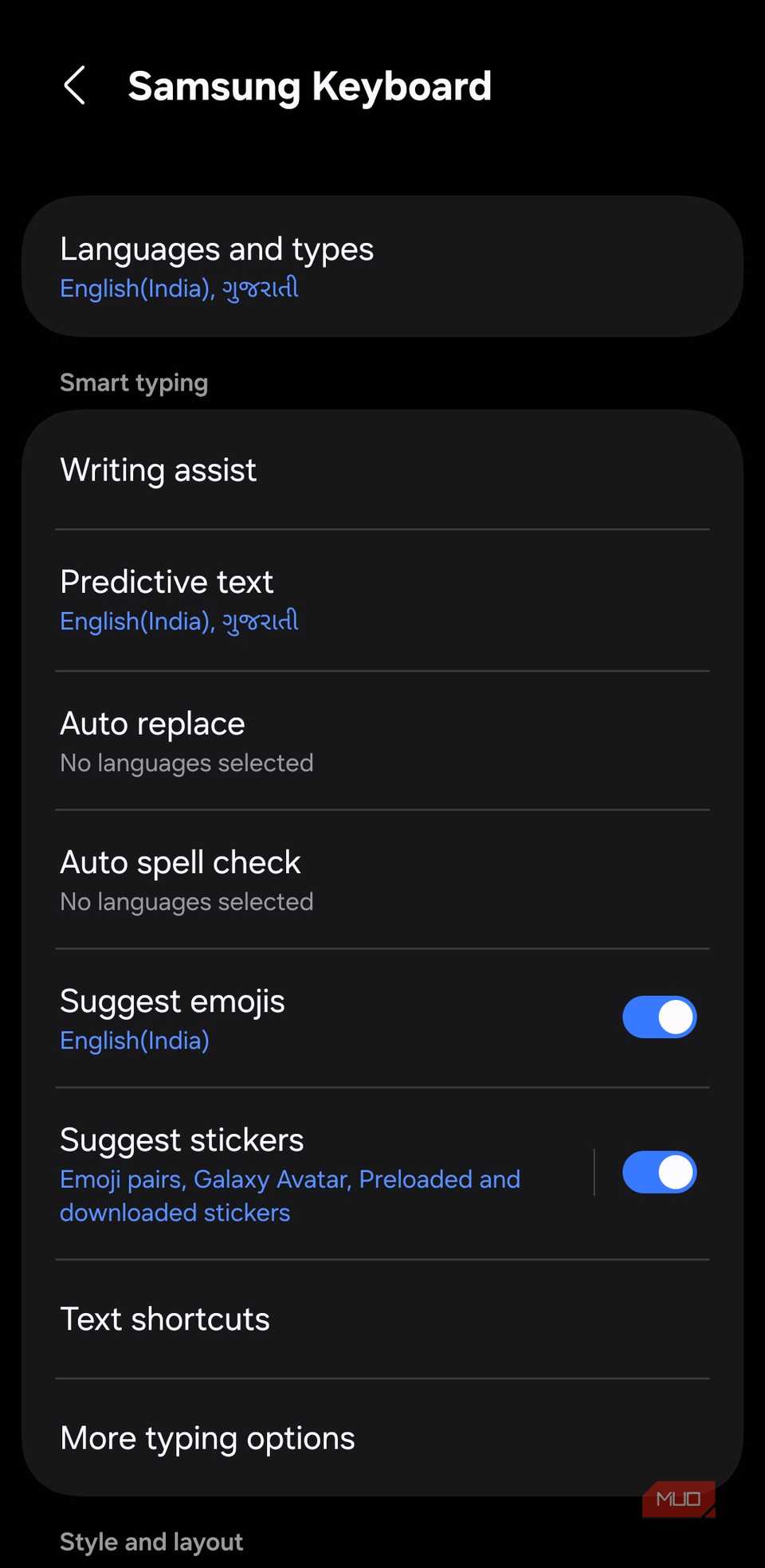 Menú de configuración del teclado Samsung