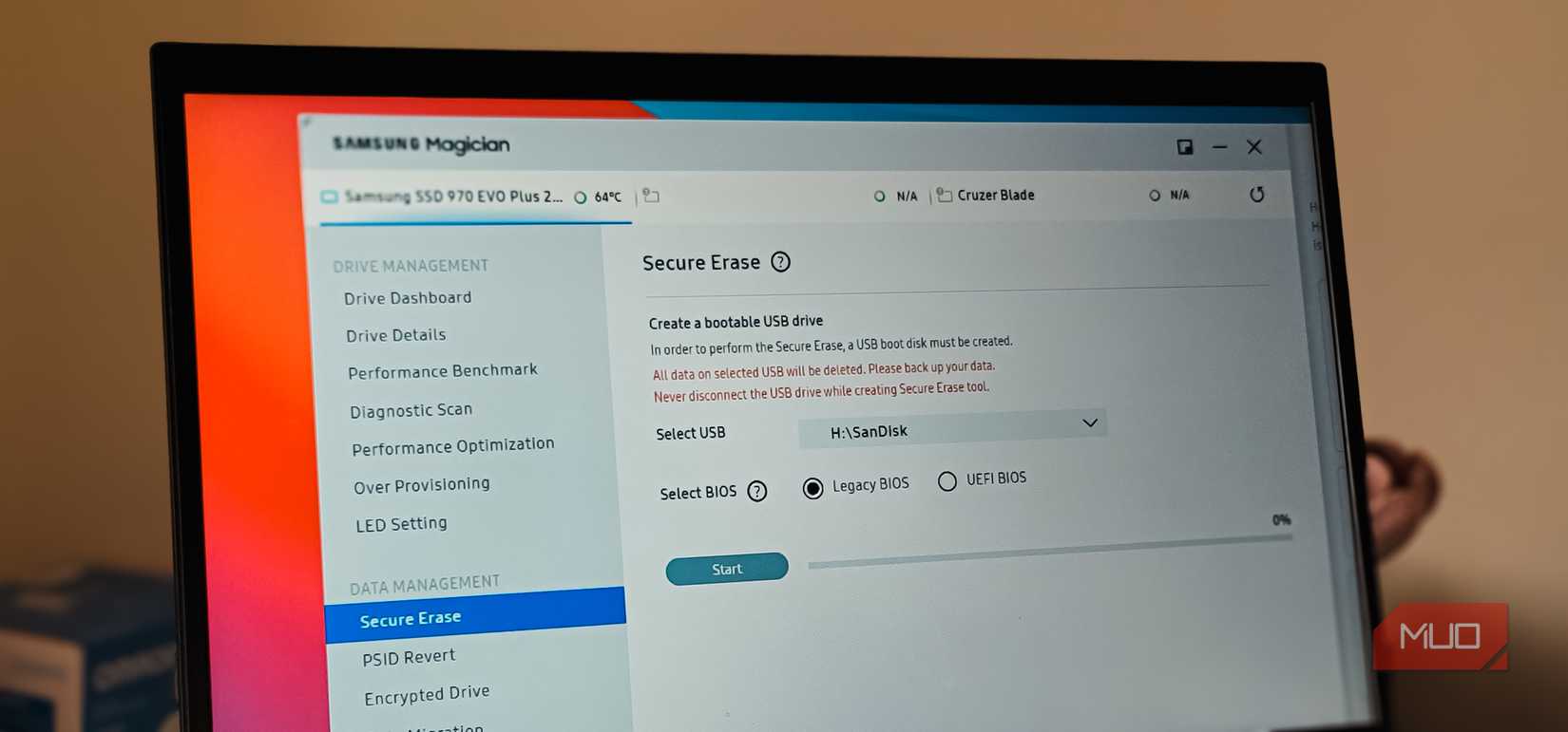 Samsung magician app open on a HP laptop