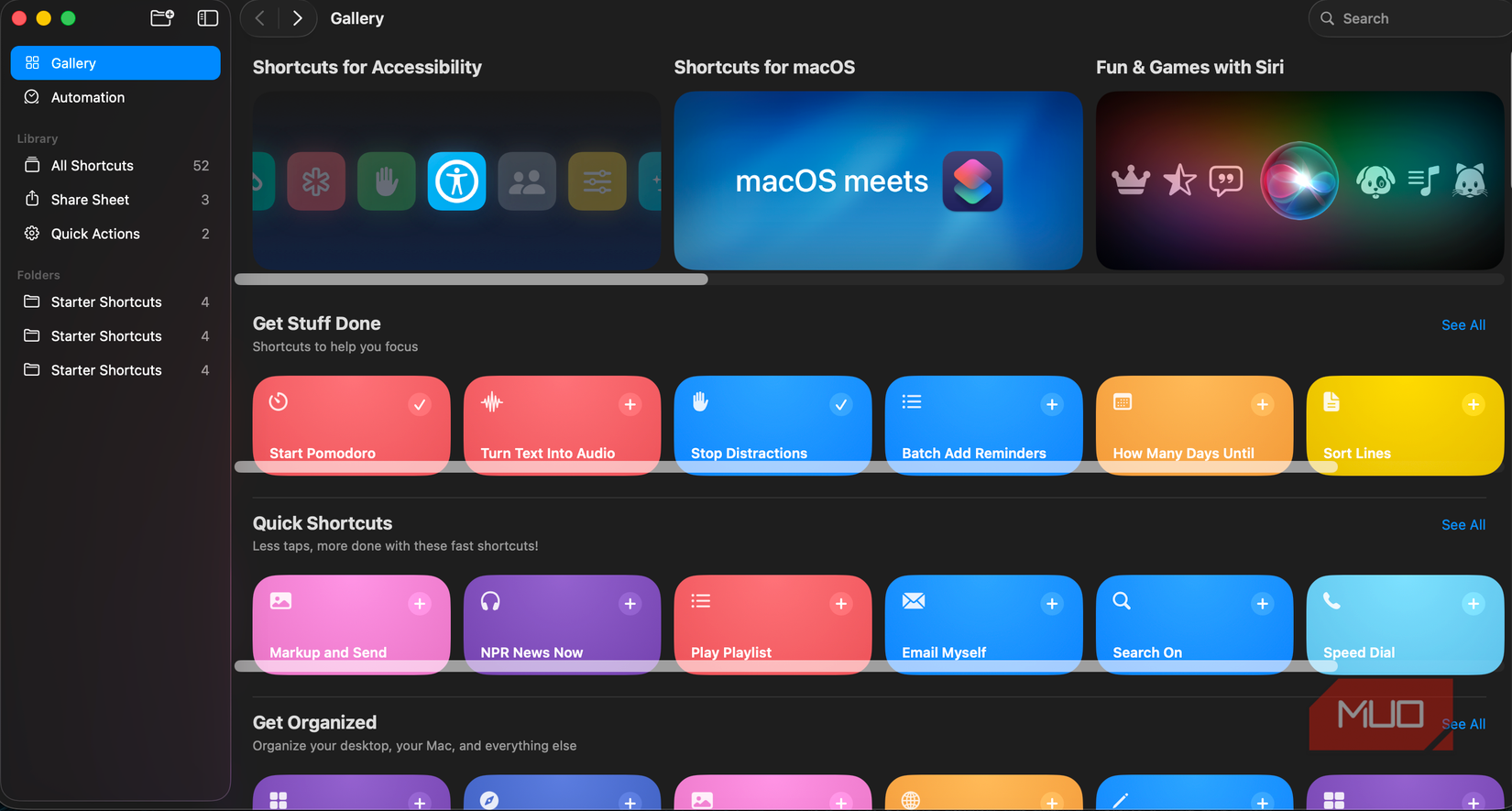 Shortcuts app gallery open on a Mac
