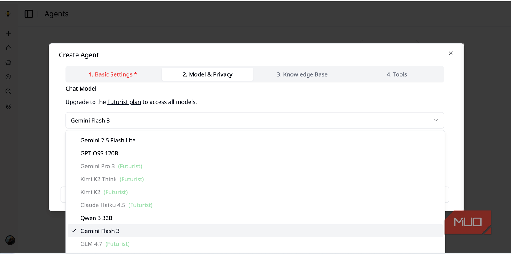 Khoj AI create agent menu