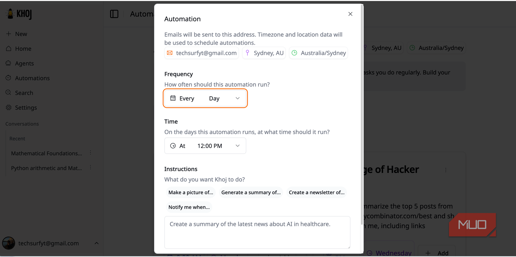 Khoj AI create automation menu