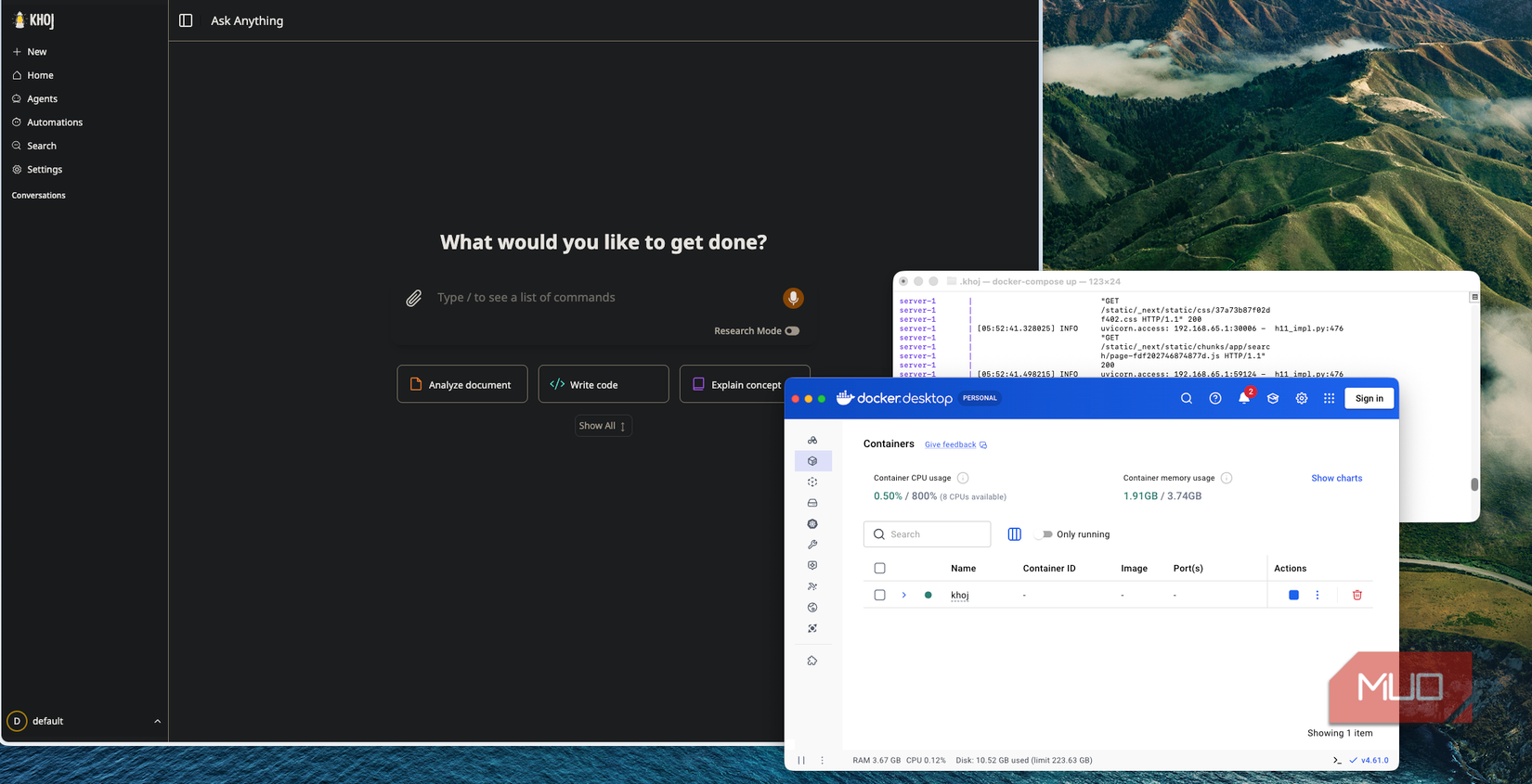 Khoj AI open along with Docker and a terminal window