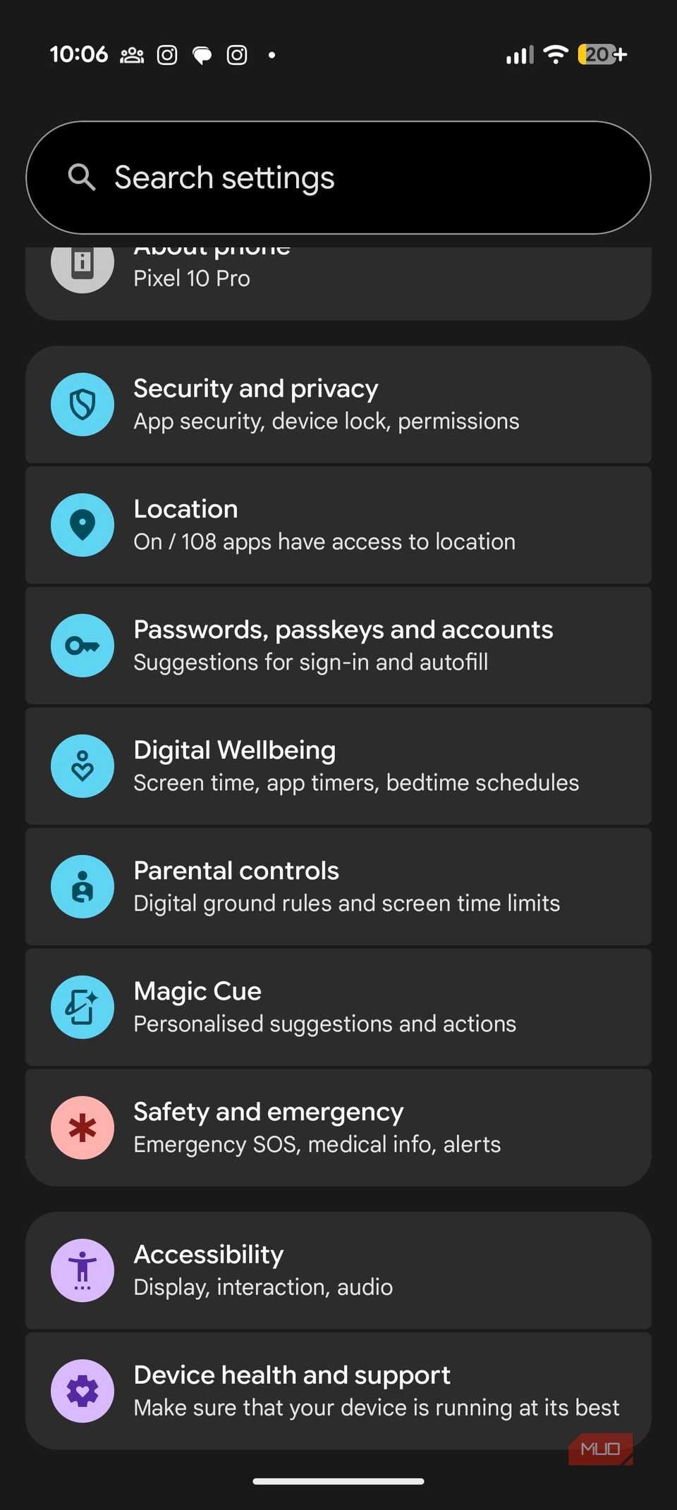 Settings app opened on the Google Pixel 10 Pro