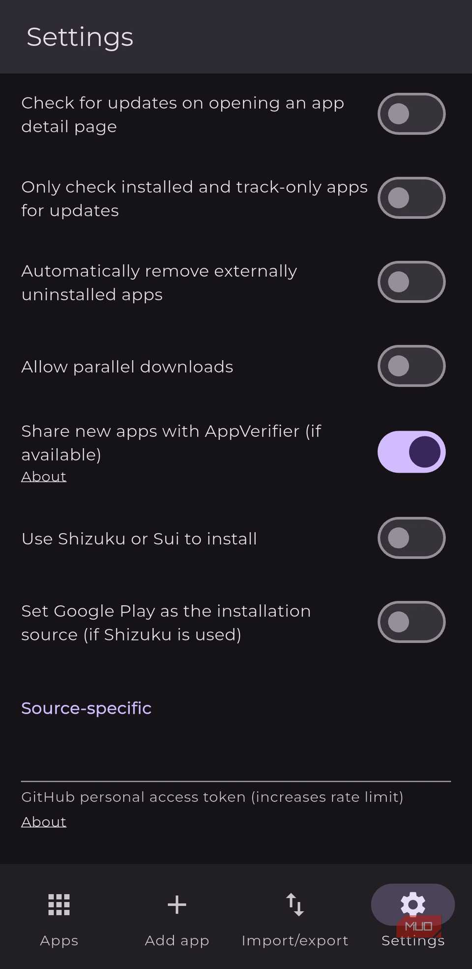 Settings page in Obtainium