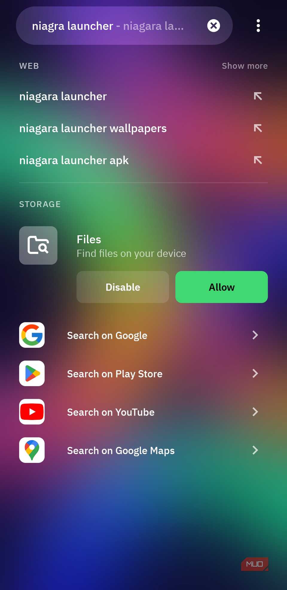Smart Search menu in Smart Launcher