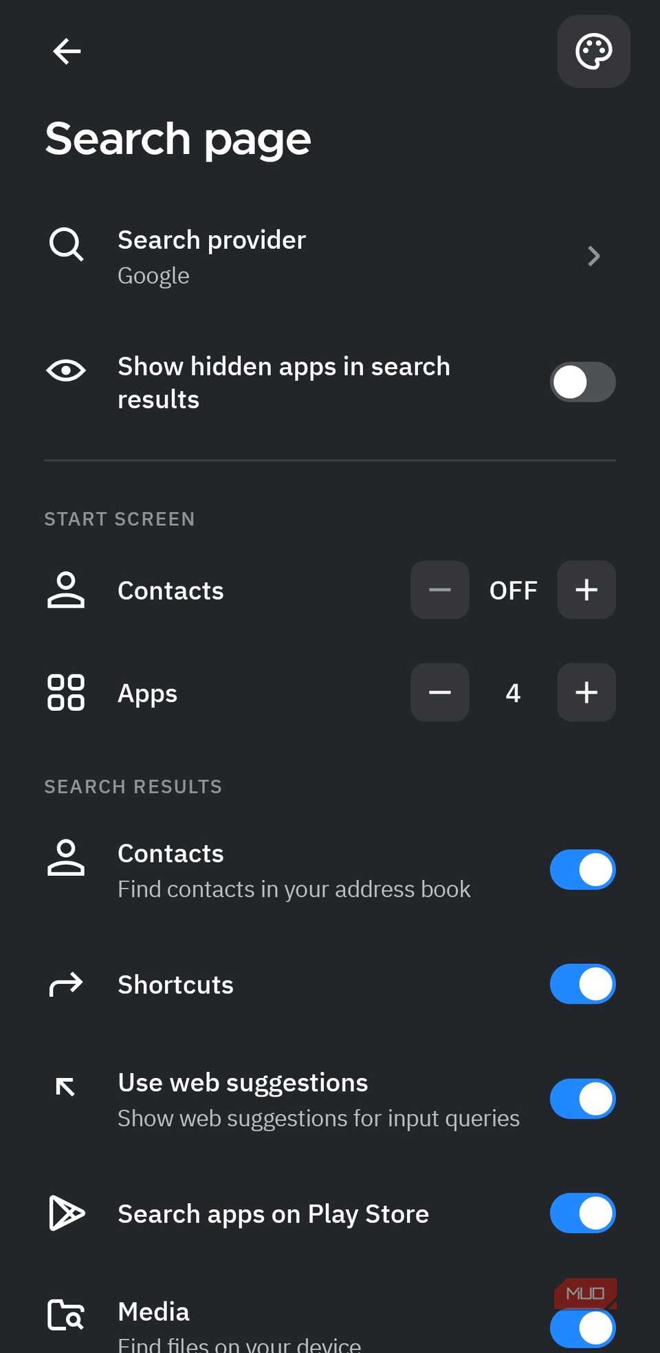 Smart Search settings in Smart Launcher