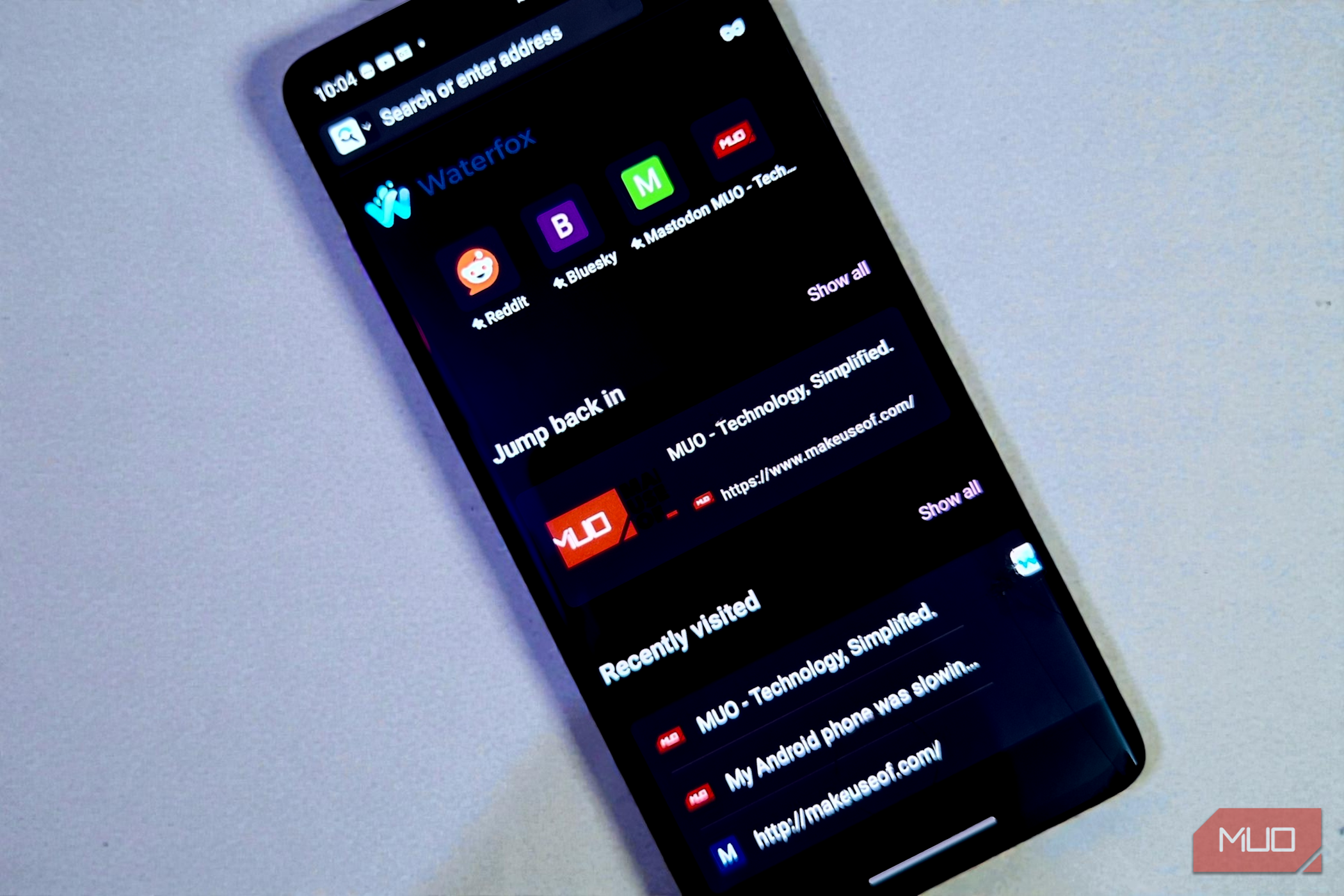 Smartphone displaying the Waterfox mobile browser homepage.
